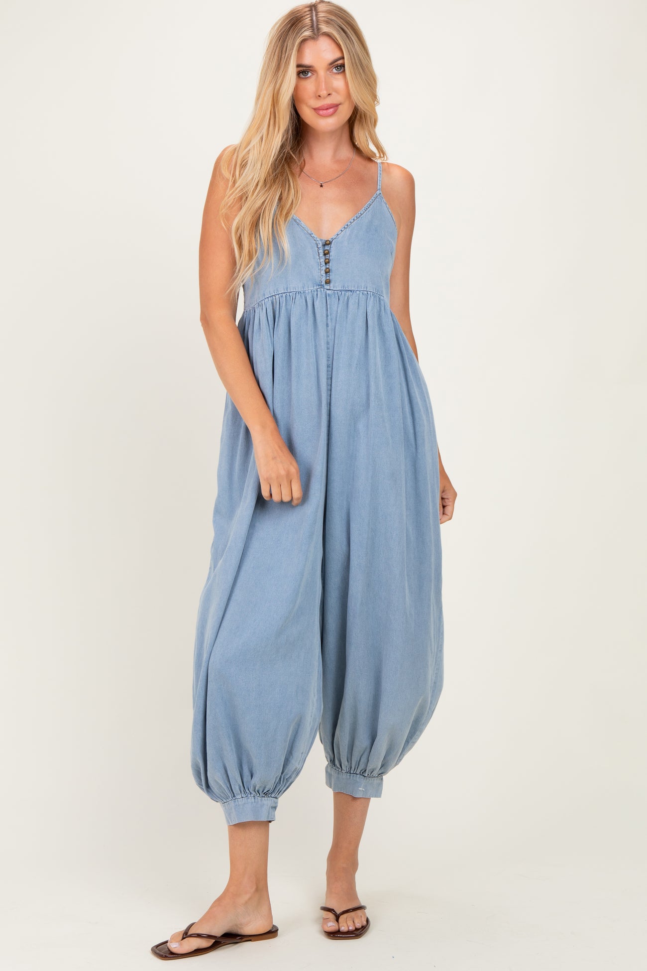 Denim Blue Sleeveless Button Down Maternity Jumpsuit