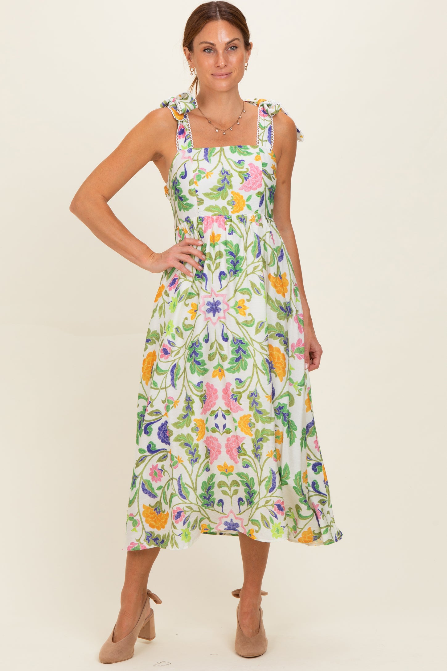 Lemongrass Floral Shoulder Tie Midi Dress
