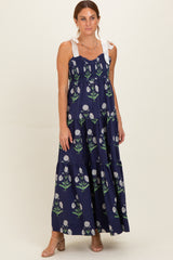 Navy Floral Sweetheart Neckline Smocked Maternity Maxi Dress
