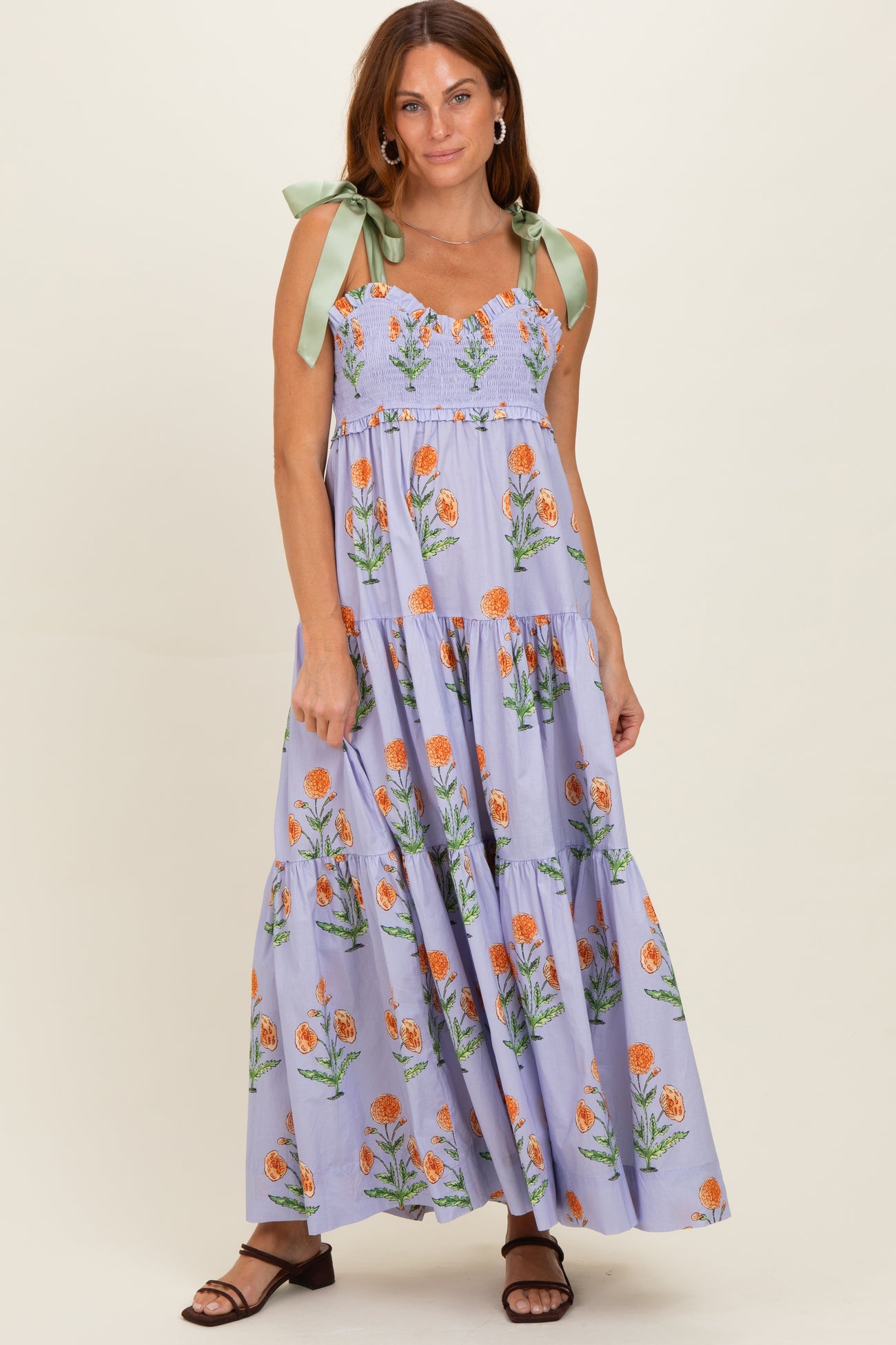 Lavender Floral Sweetheart Neckline Smocked Maternity Maxi Dress