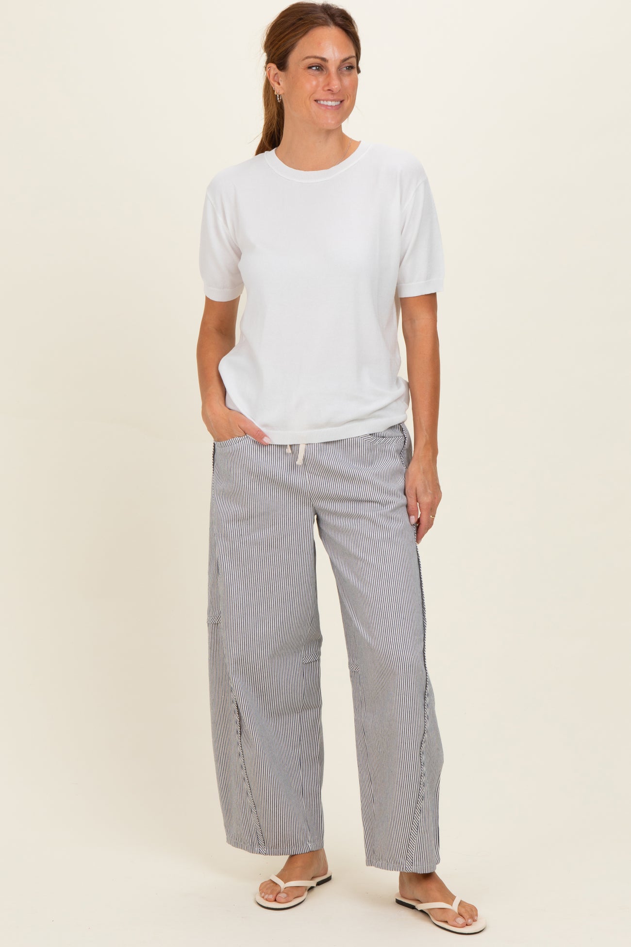 Off White Striped Relaxed Fit Maternity Pants