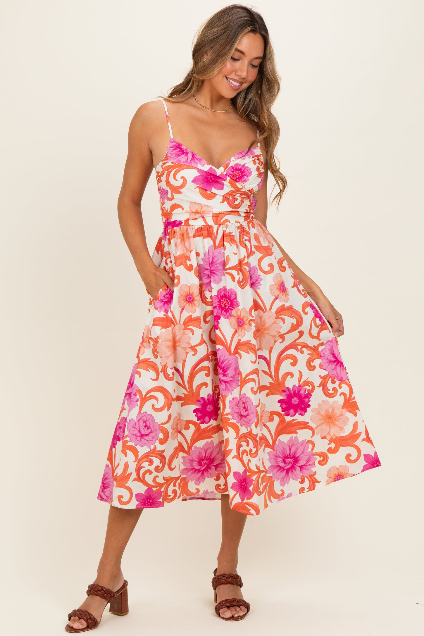 Ivory Pink Floral Wrap Maternity Midi Dress