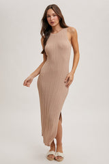 Latte High Neck Side Slit Maternity Midi Dress