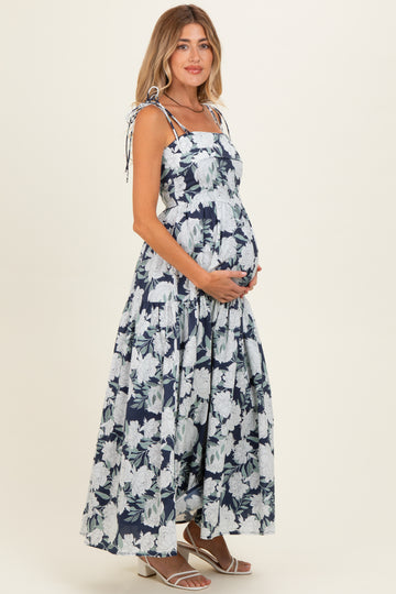 Navy Floral Shoulder Tie Tiered Maternity Maxi Dress