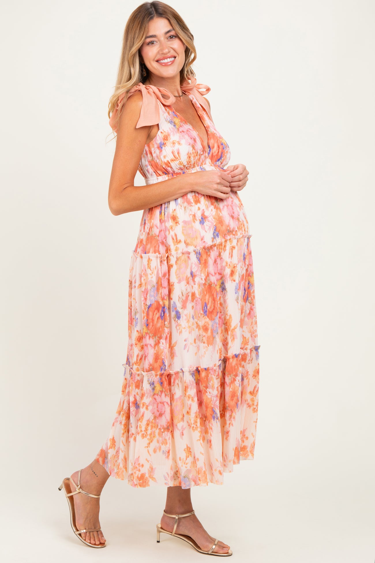 Peach Floral Plisse Shoulder Tie Maternity Dress