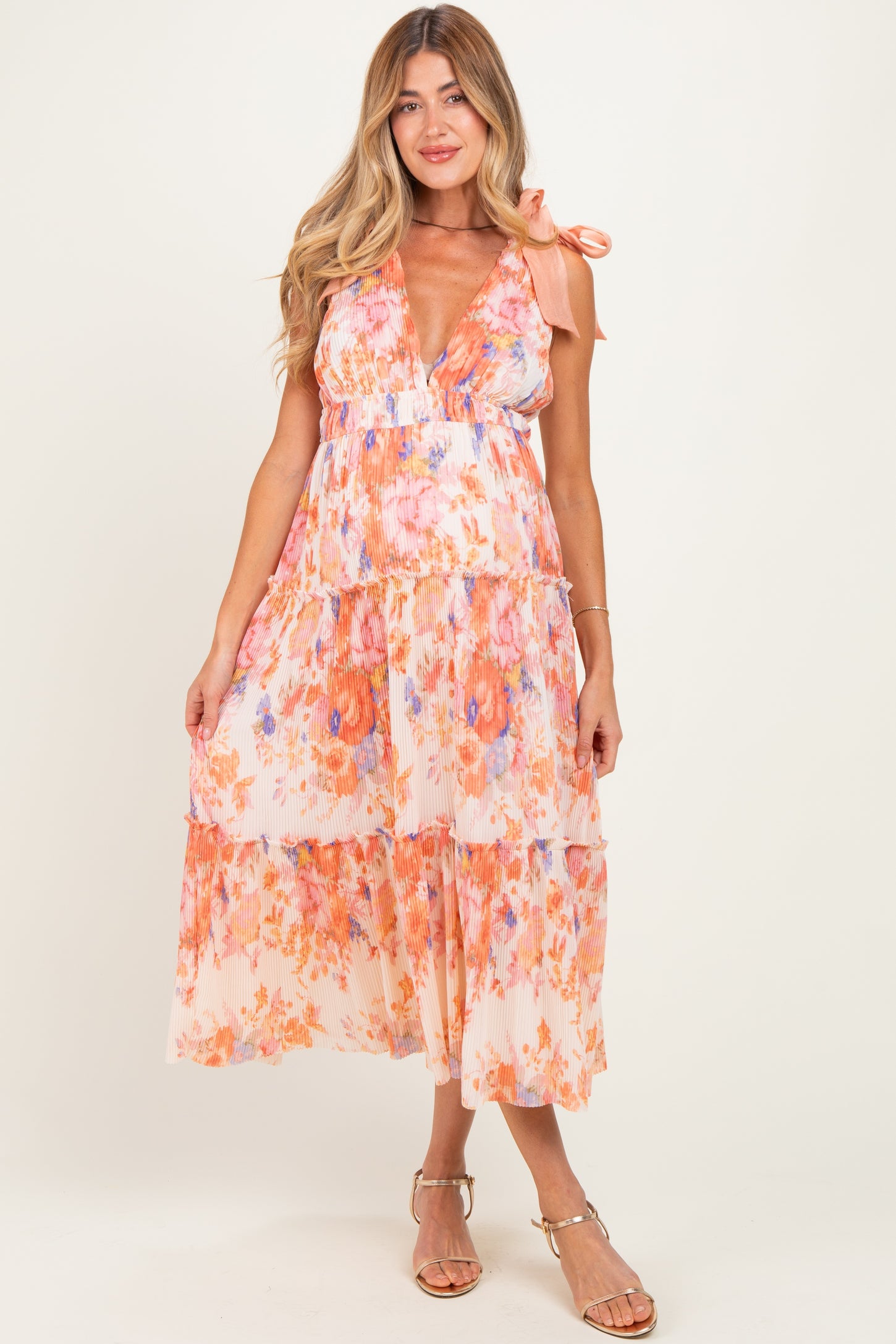 Peach Floral Plisse Shoulder Tie Maternity Dress