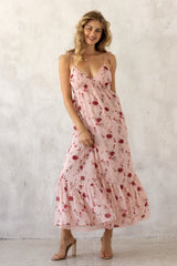 Pink Floral Shoulder Tie Ruffle Hem Maternity Maxi Dress
