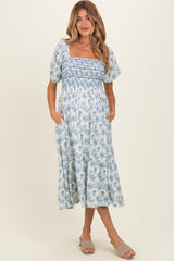 Porcelain Blue Floral Smocked Puff Sleeve Maternity Midi Dress