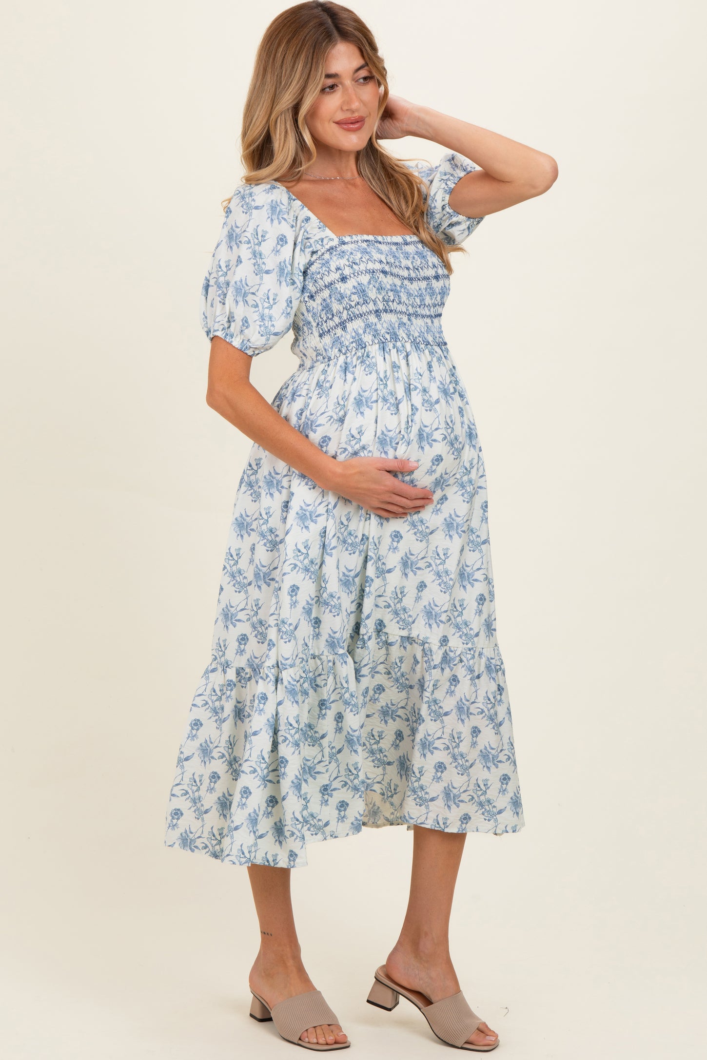 Porcelain Blue Floral Smocked Puff Sleeve Maternity Midi Dress