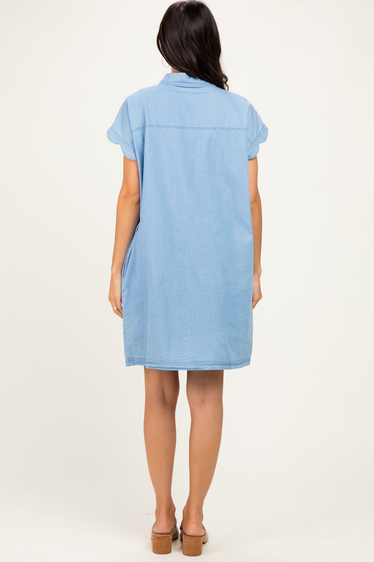 Light Denim Scallop Trim Mini Shirt Dress