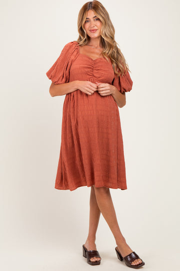 Brick Textured Bubble Sleeve Maternity Dress