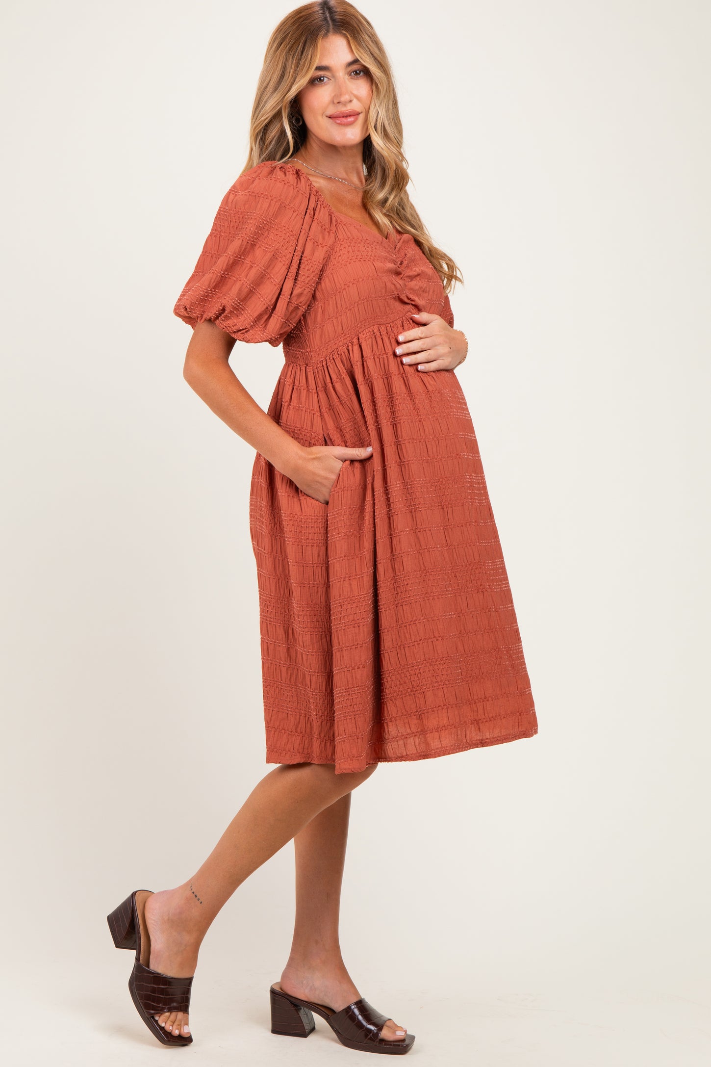 Brick Textured Bubble Sleeve Maternity Dress