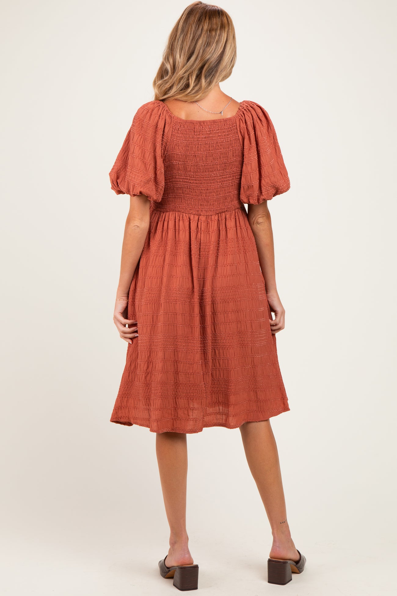 Brick Textured Bubble Sleeve Maternity Dress