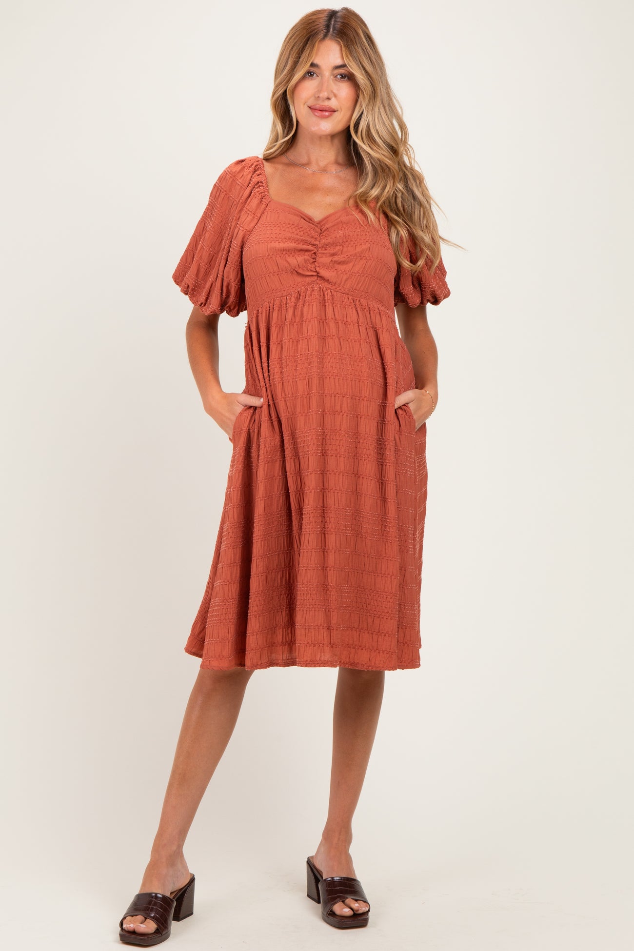 Brick Textured Bubble Sleeve Maternity Dress