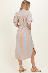 Sand Striped Puff Sleeve Midi Shirt Dress