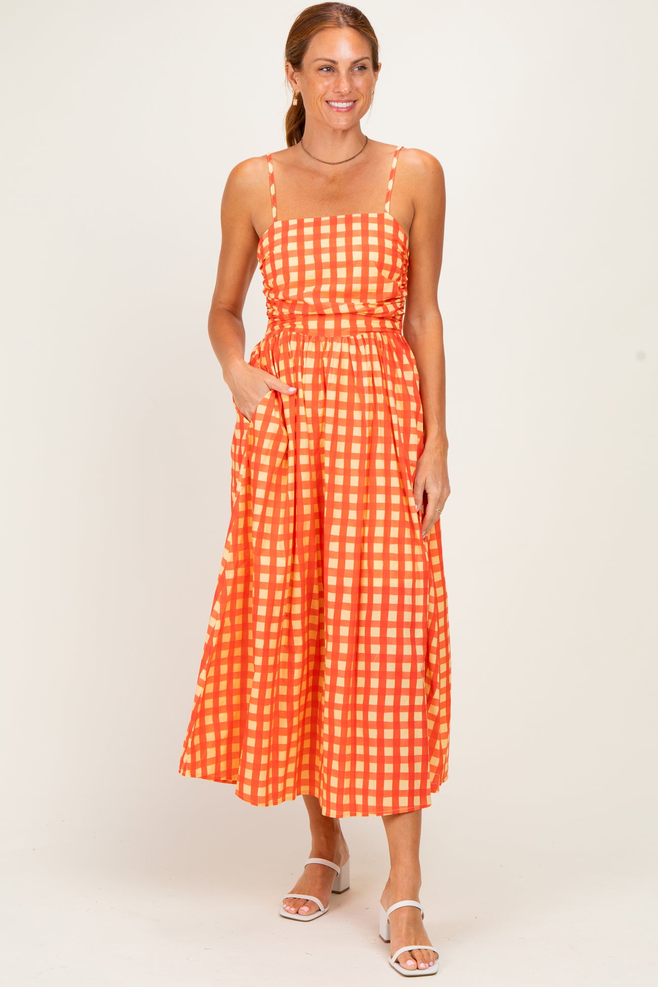 Orange Gingham Maternity Midi Dress