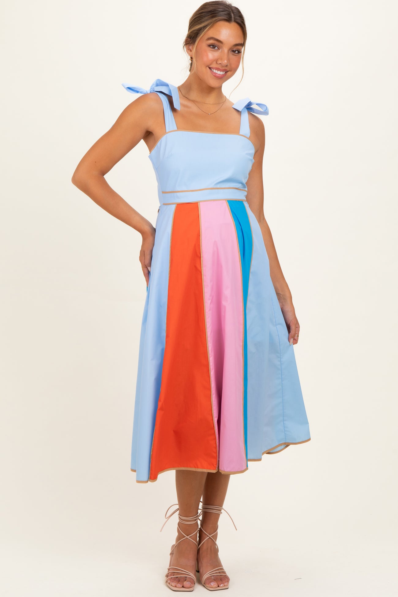 Light Blue Colorblock Shoulder Tie Maternity Midi Dress