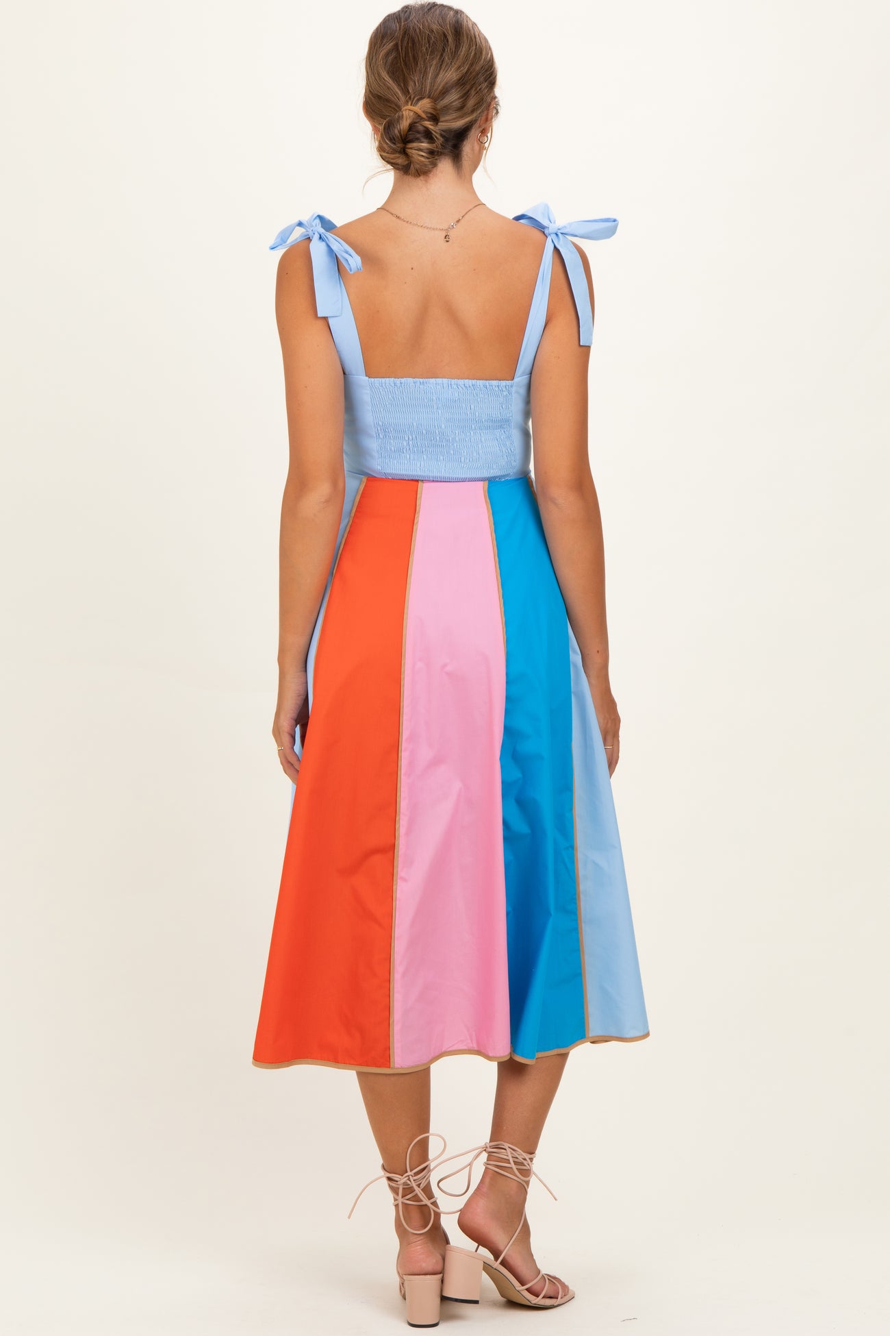 Light Blue Colorblock Shoulder Tie Maternity Midi Dress