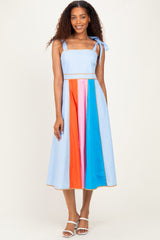 Light Blue Colorblock Shoulder Tie Maternity Midi Dress