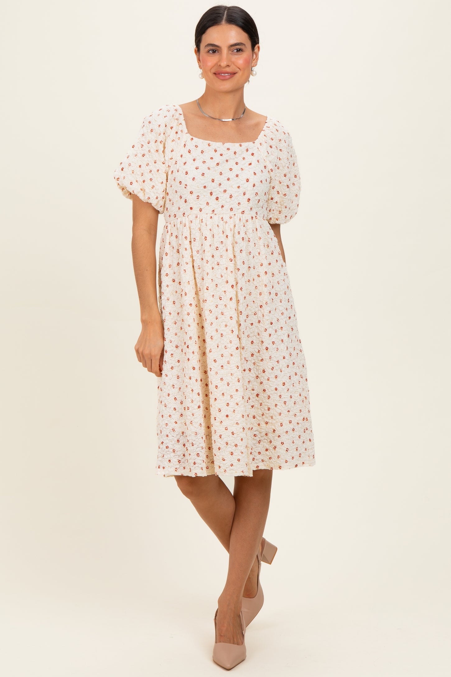 Cream Floral Textured Knit Midi Dress