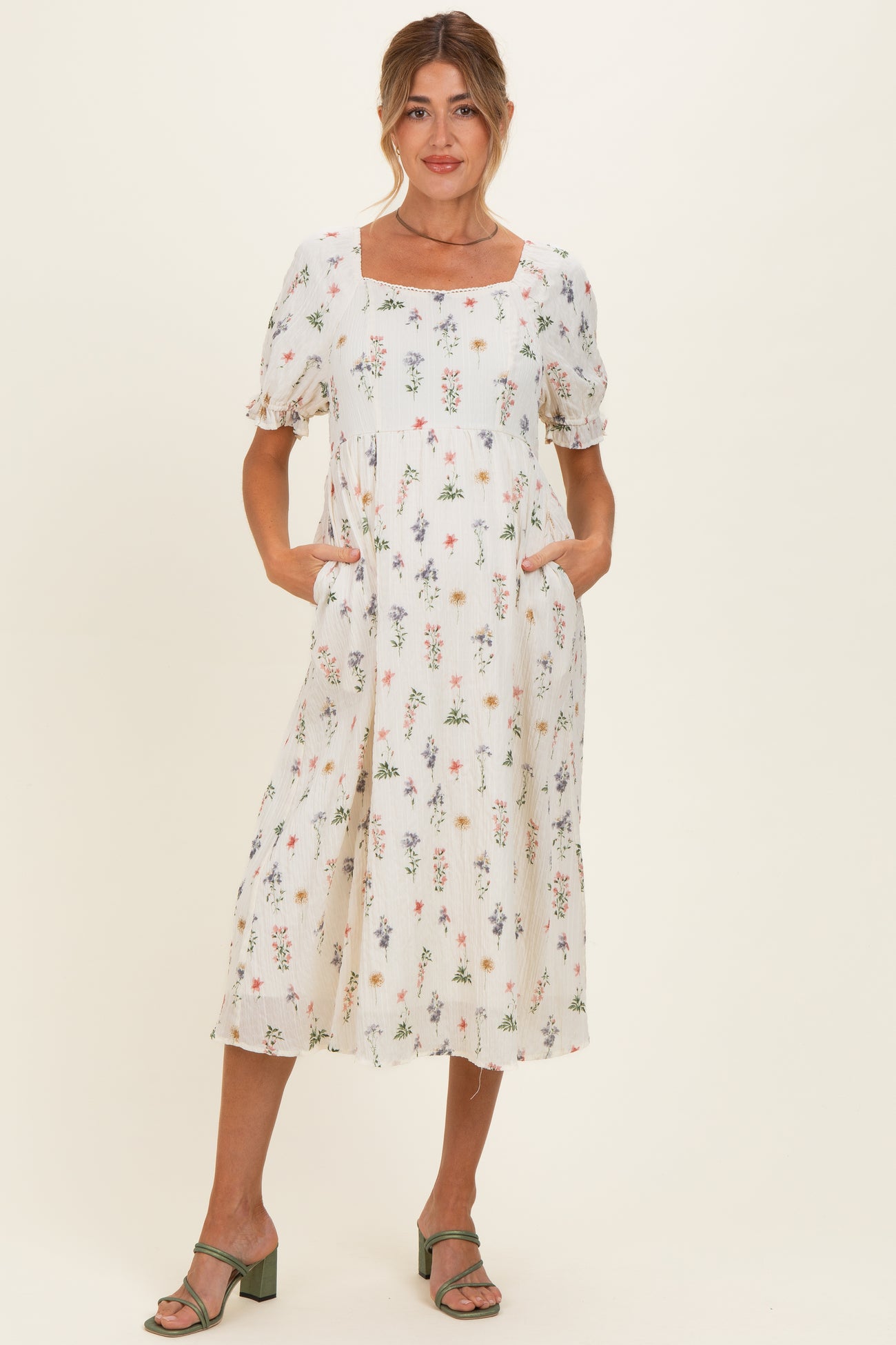 Ivory Floral Sweetheart Neckline Maternity Midi Dress