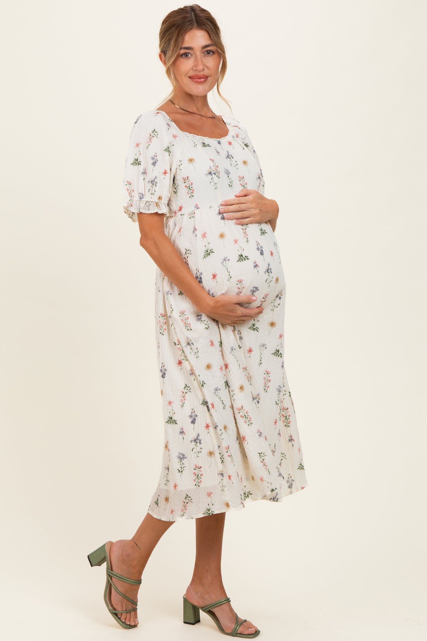 Ivory Floral Sweetheart Neckline Maternity Midi Dress