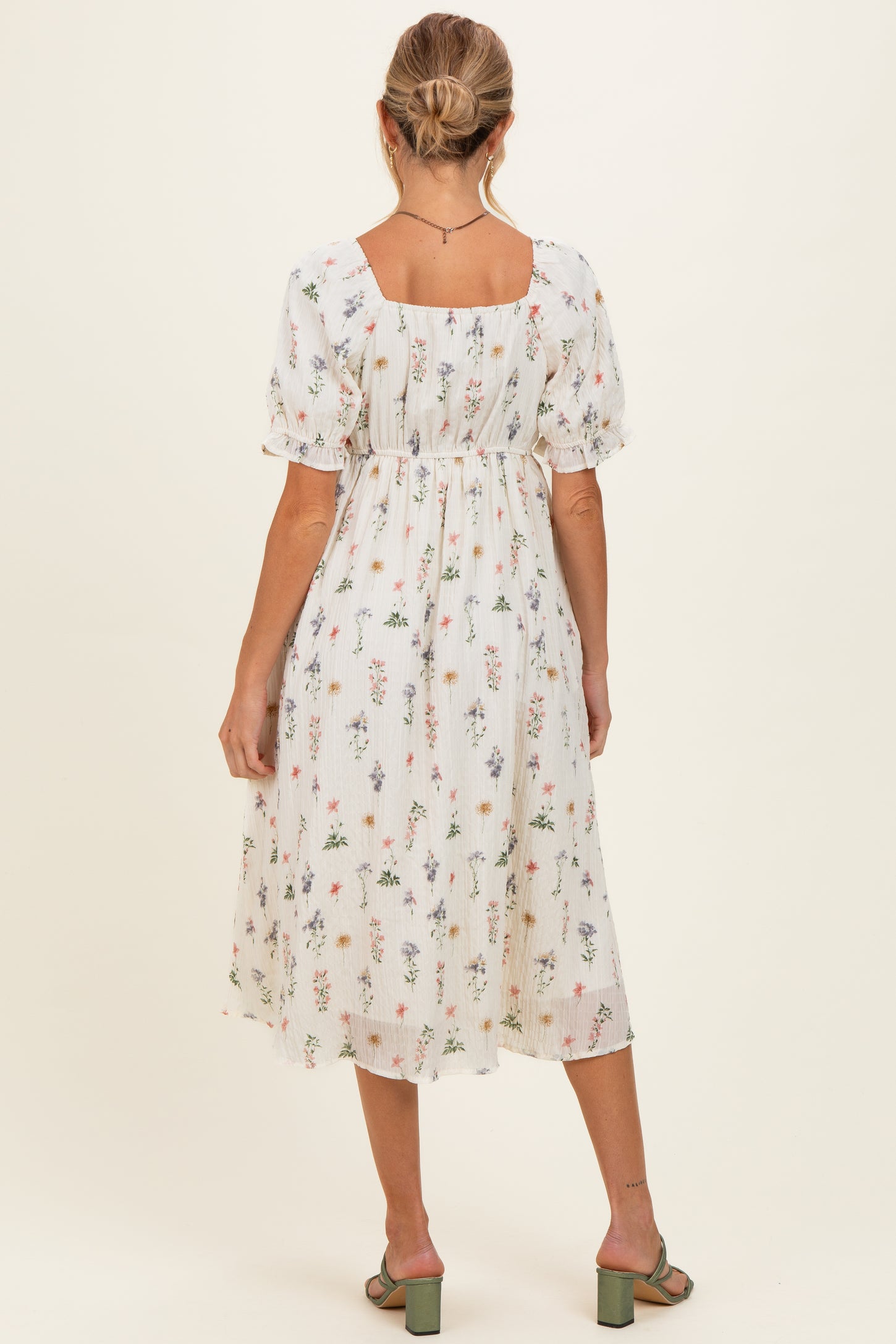 Ivory Floral Sweetheart Neckline Maternity Midi Dress
