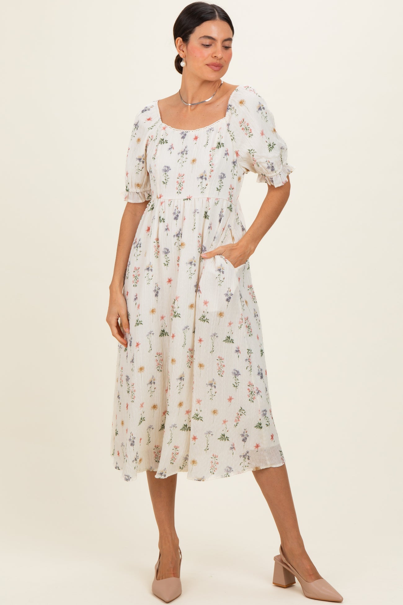Ivory Floral Sweetheart Neckline Maternity Midi Dress