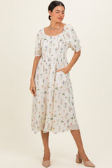 Ivory Floral Sweetheart Neckline Maternity Midi Dress