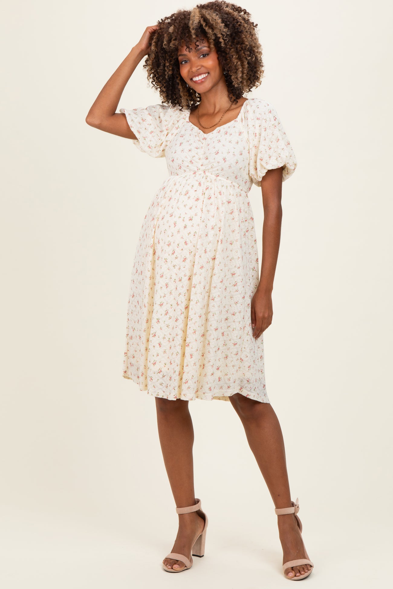 Ivory Floral Sweetheart Neckline Maternity Dress