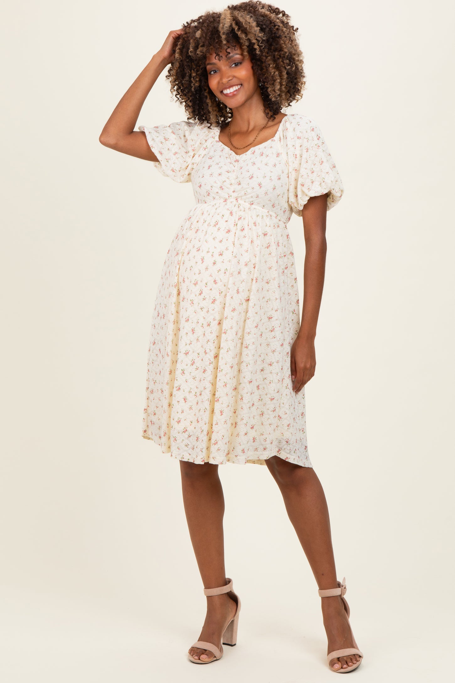 Ivory Floral Sweetheart Neckline Maternity Dress