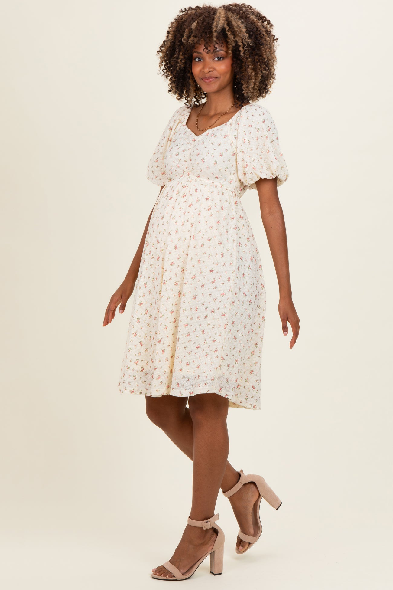 Ivory Floral Sweetheart Neckline Maternity Dress