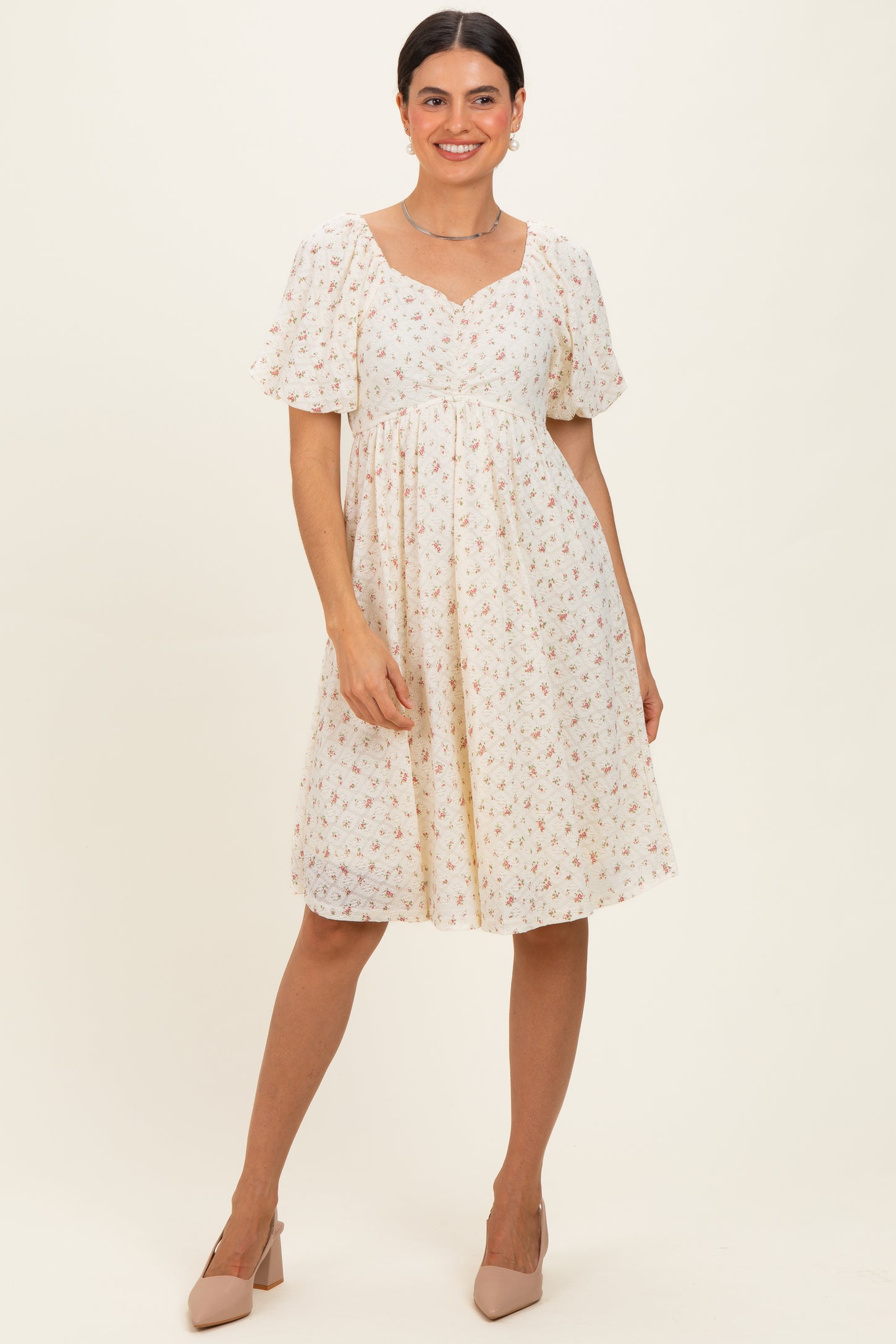 Ivory Floral Sweetheart Neckline Maternity Dress