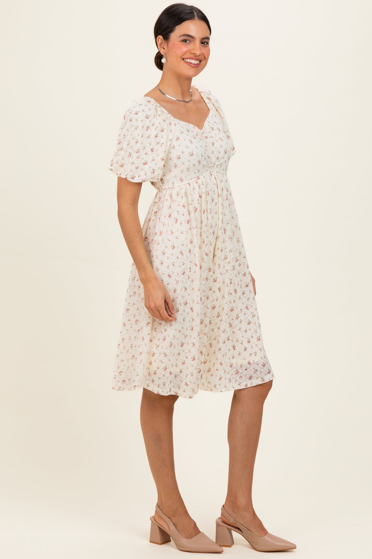 Ivory Floral Sweetheart Neckline Dress