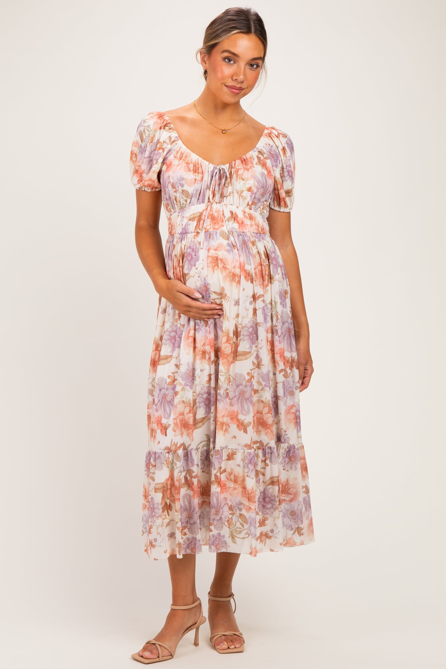 Rose Floral Front Tie Puff Sleeve Maternity Maxi Dress