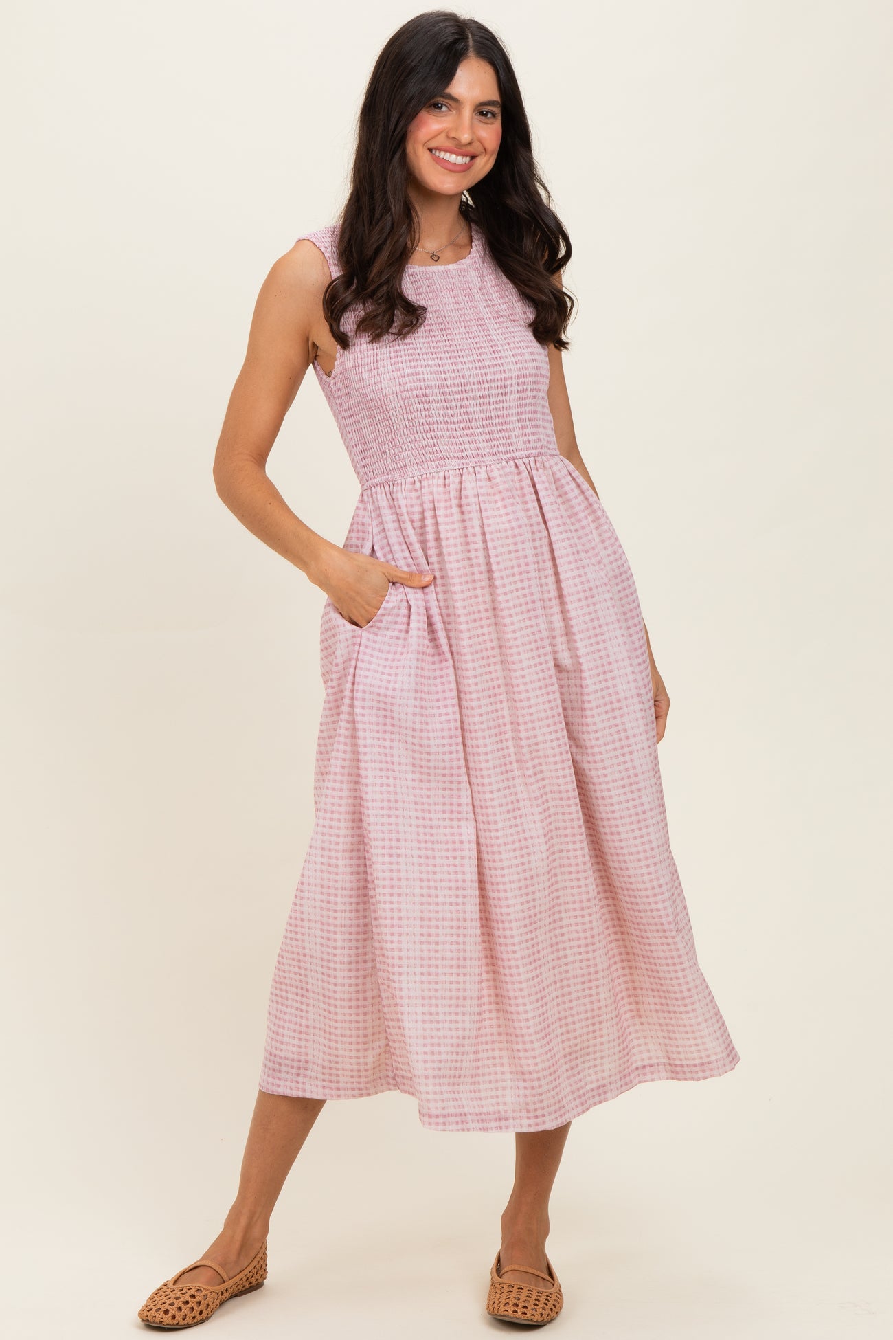 Blush Gingham Sleeveless Smocked Maternity Midi Dress