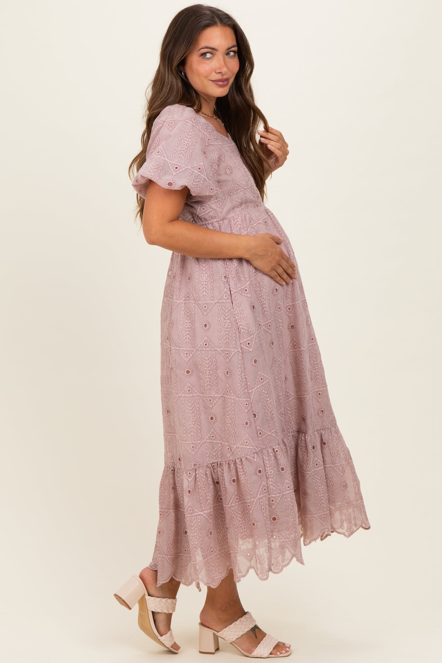 Mauve Printed Puff Sleeve Maternity Midi Dress