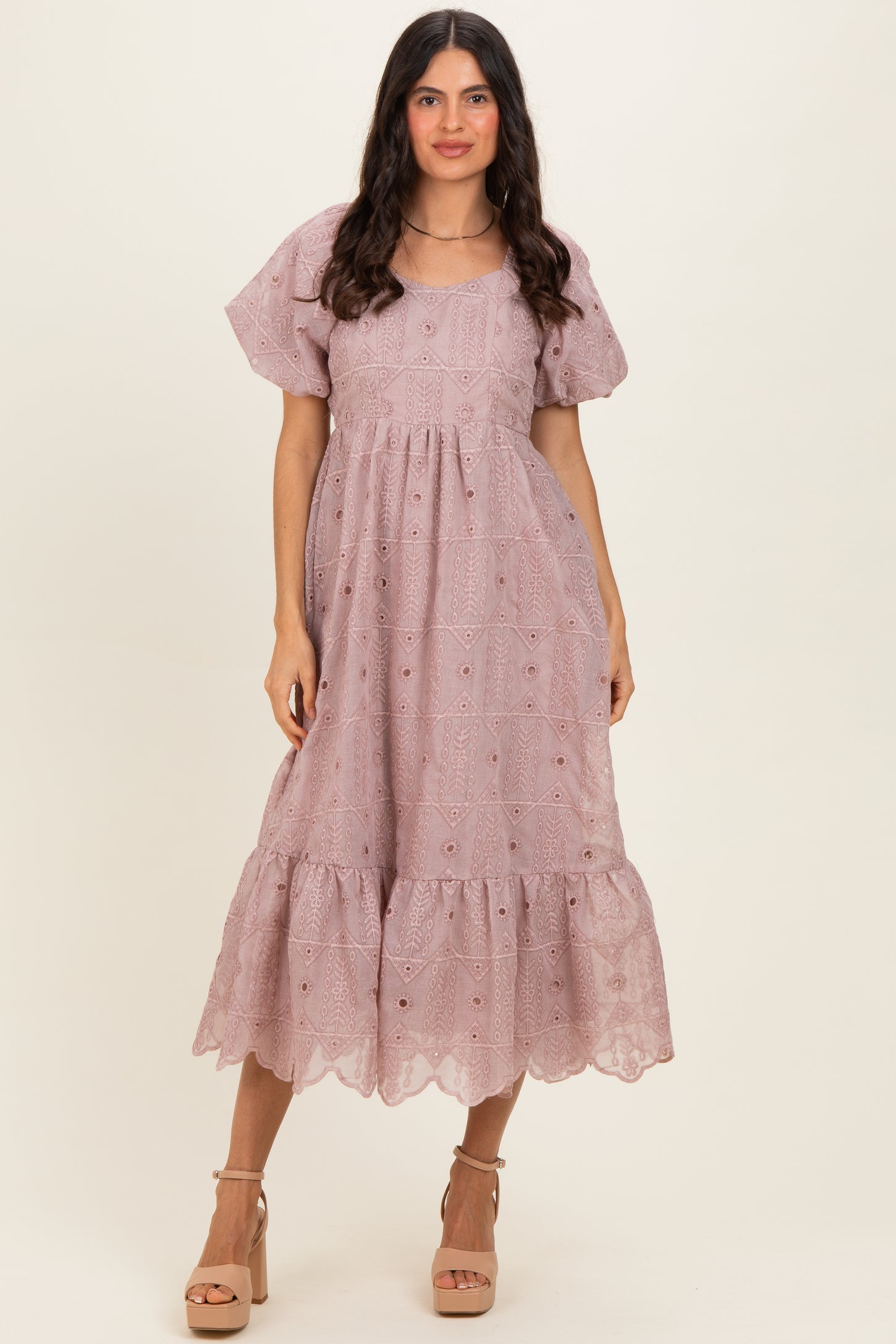 Mauve Printed Puff Sleeve Midi Dress