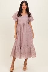 Mauve Printed Puff Sleeve Midi Dress