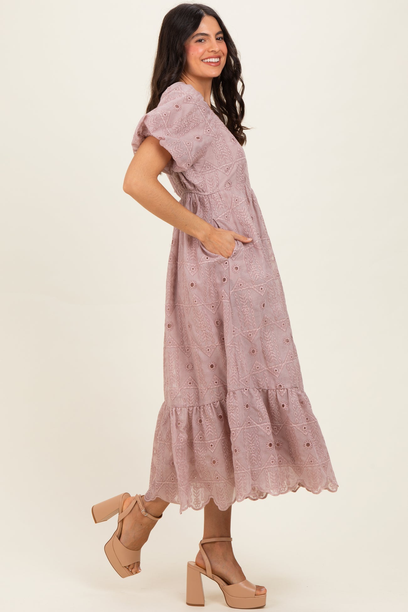 Mauve Printed Puff Sleeve Midi Dress