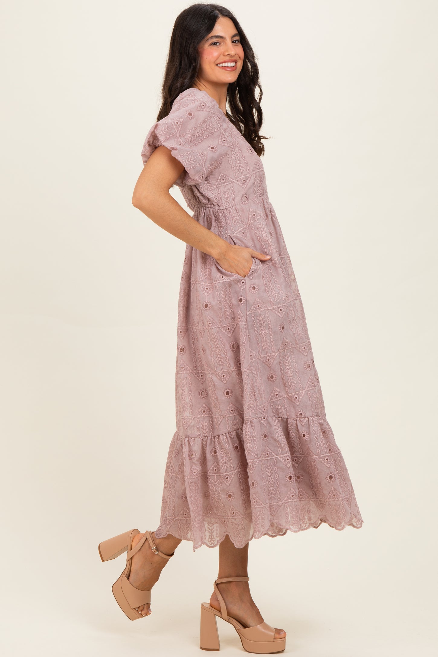 Mauve Printed Puff Sleeve Midi Dress