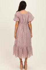 Mauve Printed Puff Sleeve Midi Dress