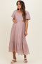 Mauve Printed Puff Sleeve Maternity Midi Dress