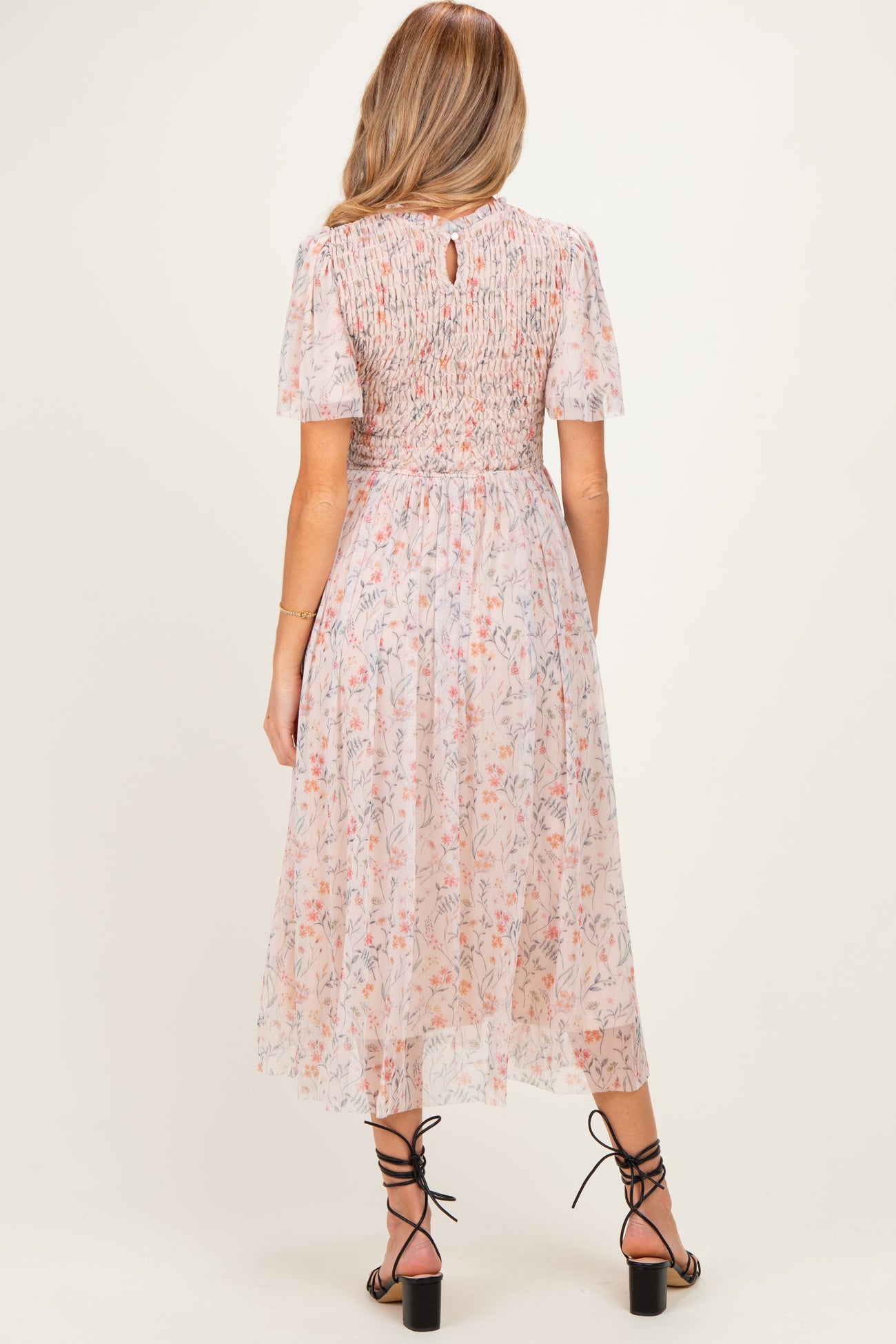 Cream Floral Smocked Maternity Midi Dress