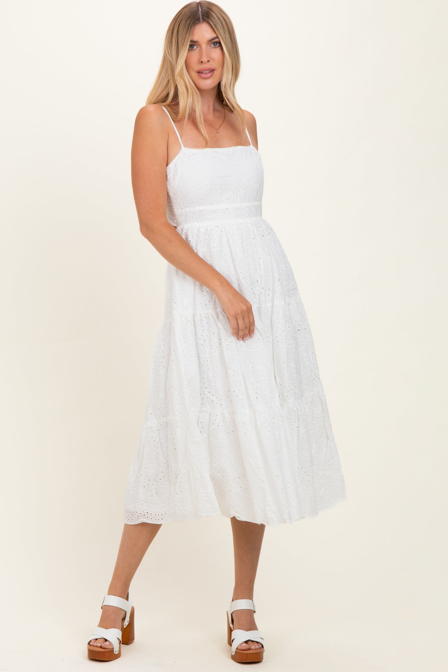 Off White Eyelet Lace Cutout Tie Back Maternity Midi Dress