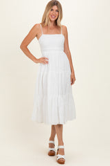 Off White Eyelet Lace Cutout Tie Back Midi Dress