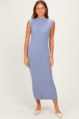 Blue Ribbed Knit Mock Neck Maternity Maxi Dress