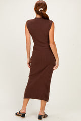 woman wearing a brown sleeveless ribbed midi dress, shown from the back