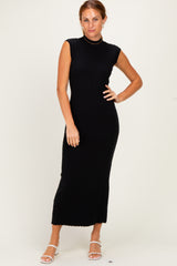 Black Ribbed Knit Mock Neck Maternity Maxi Dress