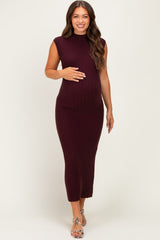 Burgundy Ribbed Knit Mock Neck Maternity Maxi Dress